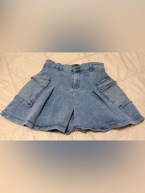 Light Blue Denim Skater Shorts with Embellished Pockets